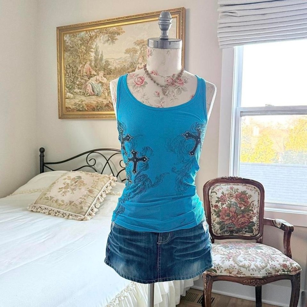 y2k zona libre turquoise embellished graphic tank top size small